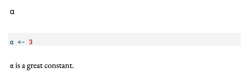 Screenshot of at PDF displaying the Greek symbol alpha in a heading, main text and code cell.