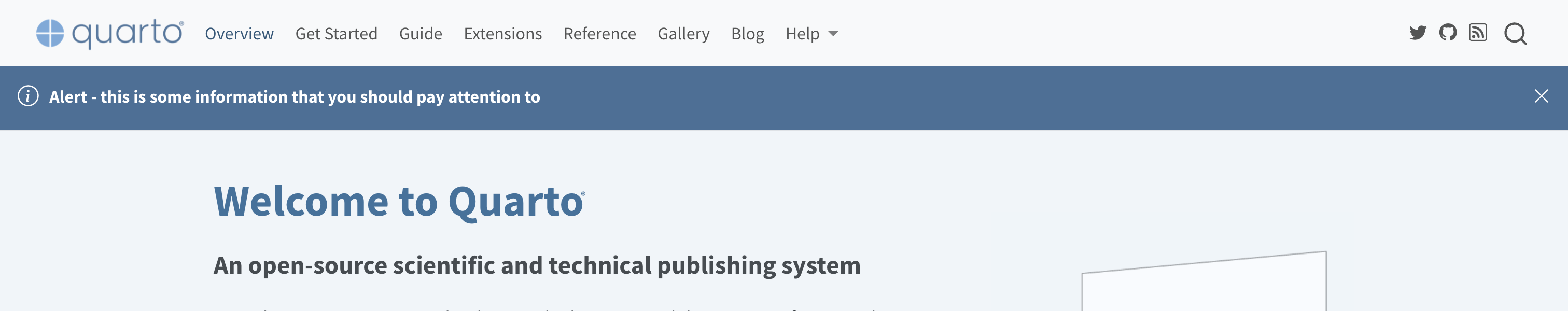 Screenshot showing an announcement bar on Quarto website with an 'info-circle' icon, a dismiss button, and a primary colour type. The content reads 'Alert - this is some information that you should pay attention to'.